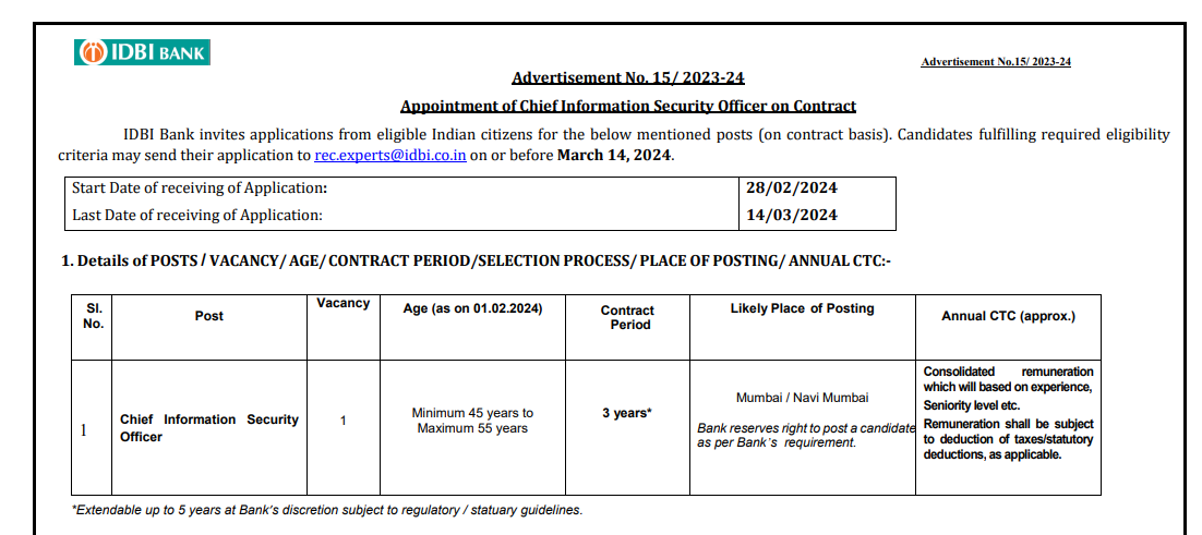 IDBI Bank Recruitment 2024 Notice