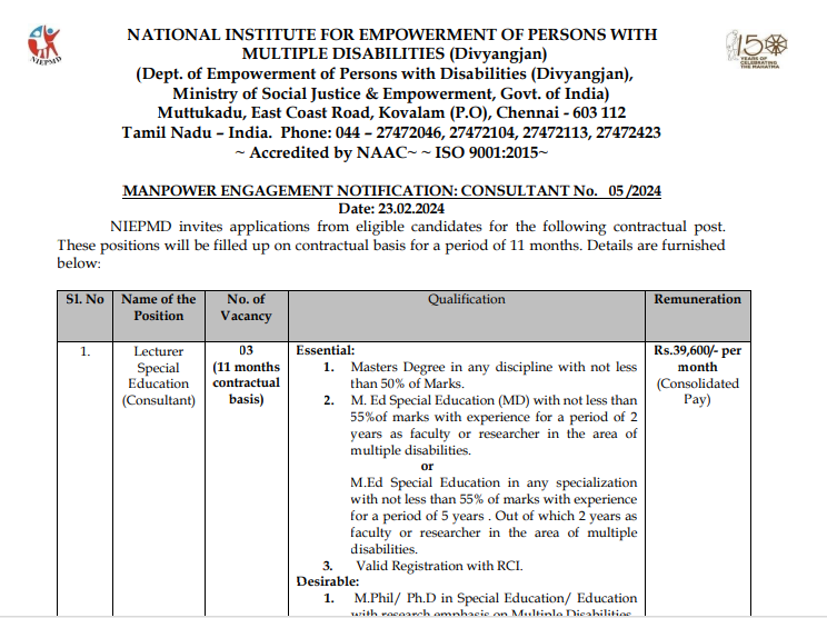 NIEPMD Chennai Recruitment 2024