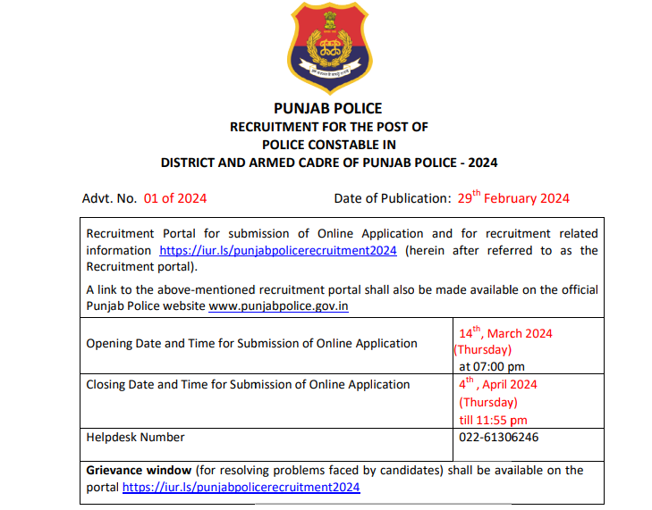 Punjab Police Constable Recruitment 2024