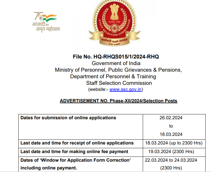 SSC New Vacancy Post XII Online Form 2024 